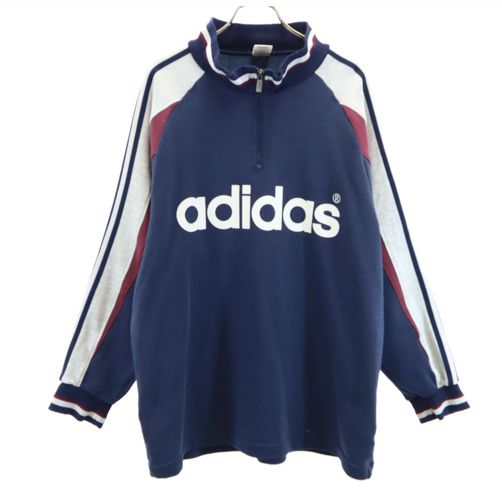 adidas アディダス 80s 日本製 デサント製 ヴィンテージ 長袖 ハーフジップ ハイネック スウェット トレーナー Ｍ-Ｌ ネイビー系 プルオーバー メンズ