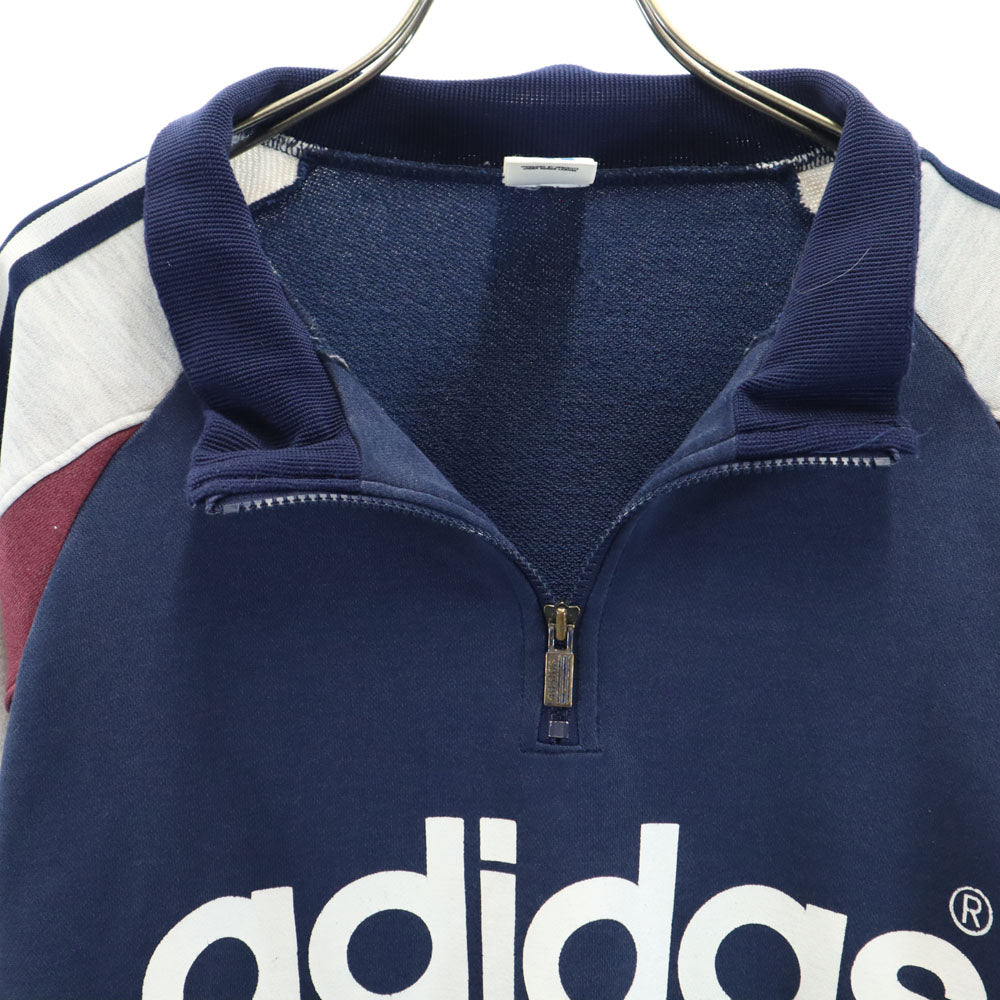 adidas アディダス 80s 日本製 デサント製 ヴィンテージ 長袖 ハーフジップ ハイネック スウェット トレーナー Ｍ-Ｌ ネイビー系 プルオーバー メンズ