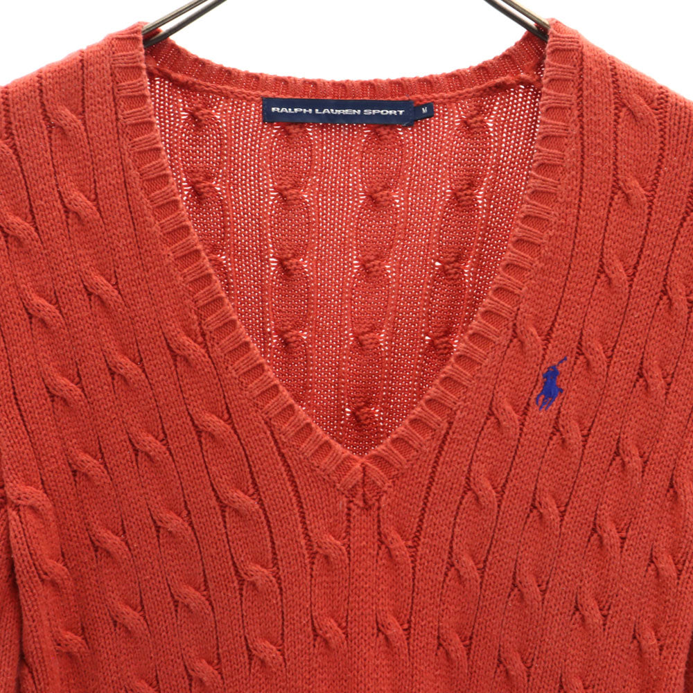 RALPH LAUREN SPORT ラルフローレンスポーツ 長袖 ケーブル編み Vネック セーター M 朱色 ニット レディース