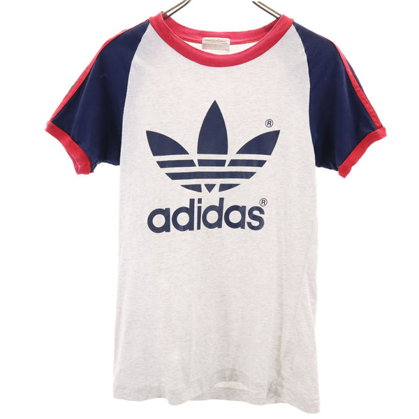 アディダス 80s デサント製 ヴィンテージ トレフォイルロゴ 半袖 Tシャツ L-O ライトグレー adidas リンガーT メンズ