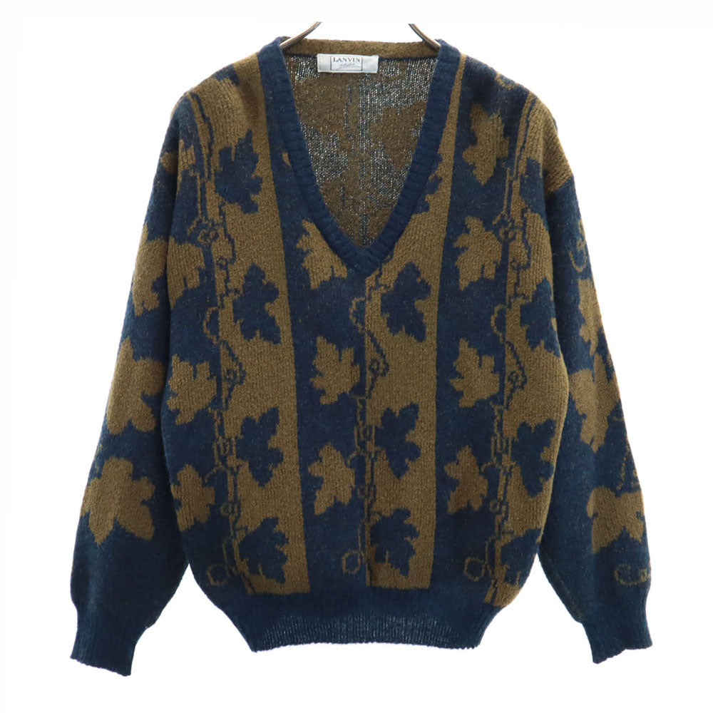LANVIN STUDIO ランバンスタジオ 80s 90s イタリア製 ウールブレンド オールド モヘアブレンド リーフ柄 長袖 Vネック セーター 46 ネイビー 他 ニット メンズ