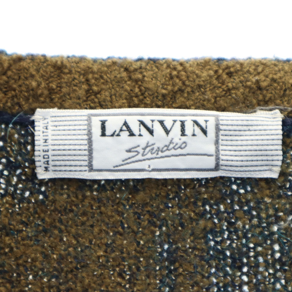 LANVIN STUDIO ランバンスタジオ 80s 90s イタリア製 ウールブレンド オールド モヘアブレンド リーフ柄 長袖 Vネック セーター 46 ネイビー 他 ニット メンズ