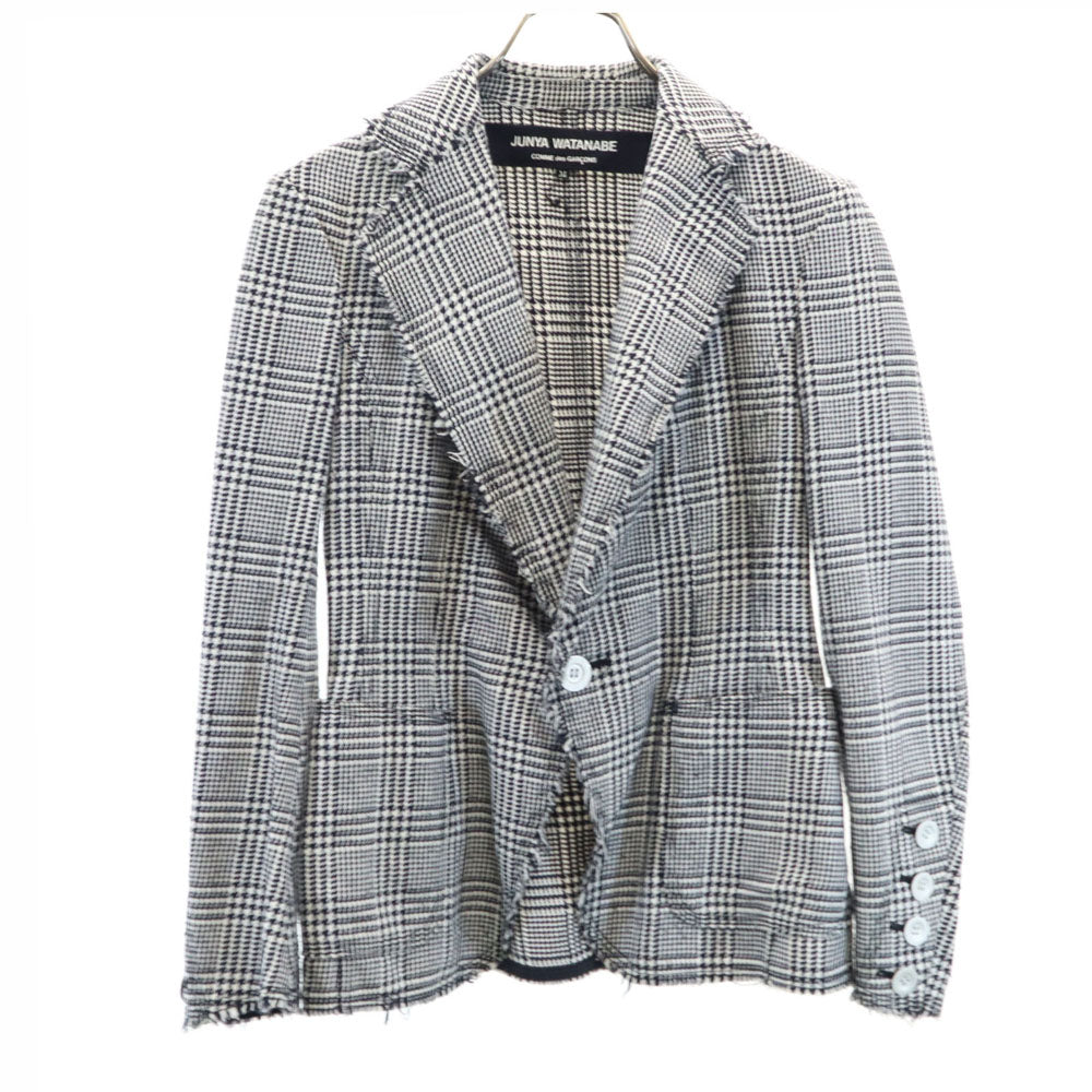 ジュンヤワタナベコムデギャルソン 2003年 日本製 ハウンドトゥース柄 カットオフ加工 ブレザー M ホワイト 他 JUNYA WATANABE COMME des GARCONS テーラードジャケット アンコン 千鳥格子 レディース