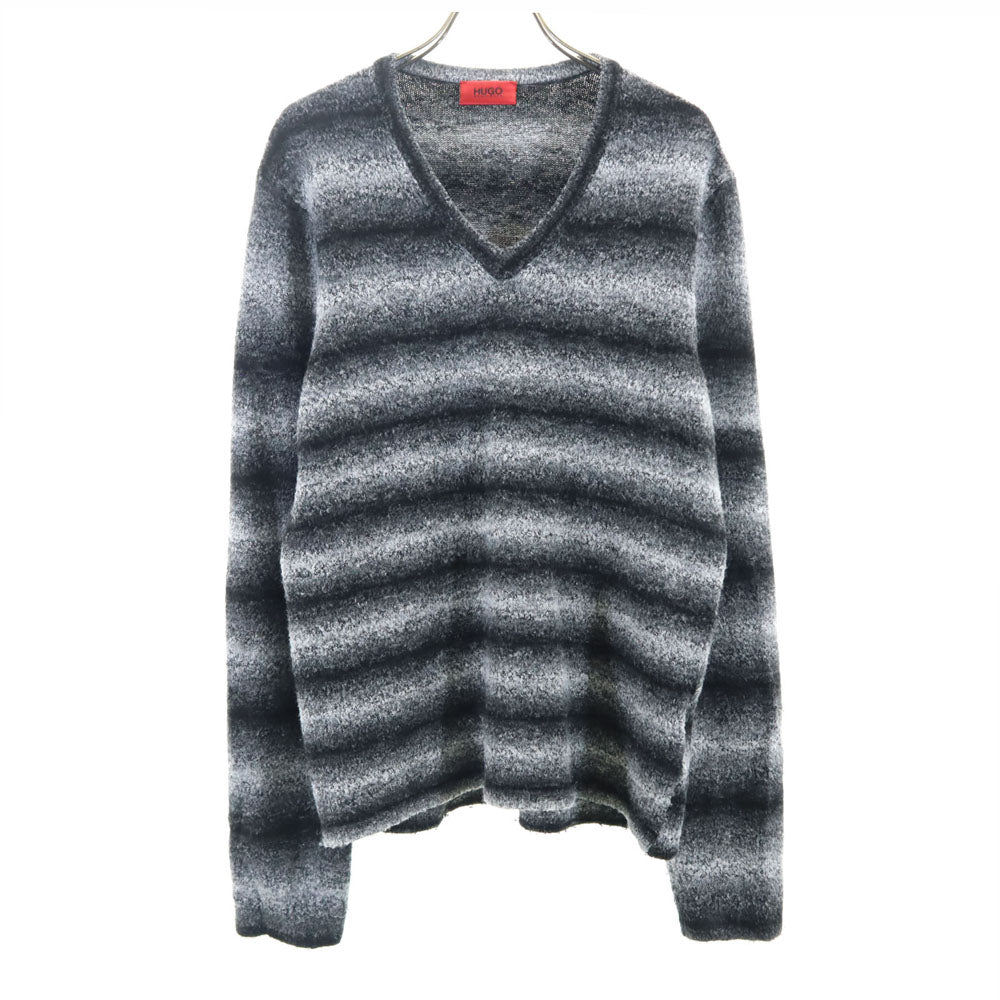 HUGO BOSS ヒューゴボス ボーダー柄 長袖 Vネック セーター S グレー ニット メンズ