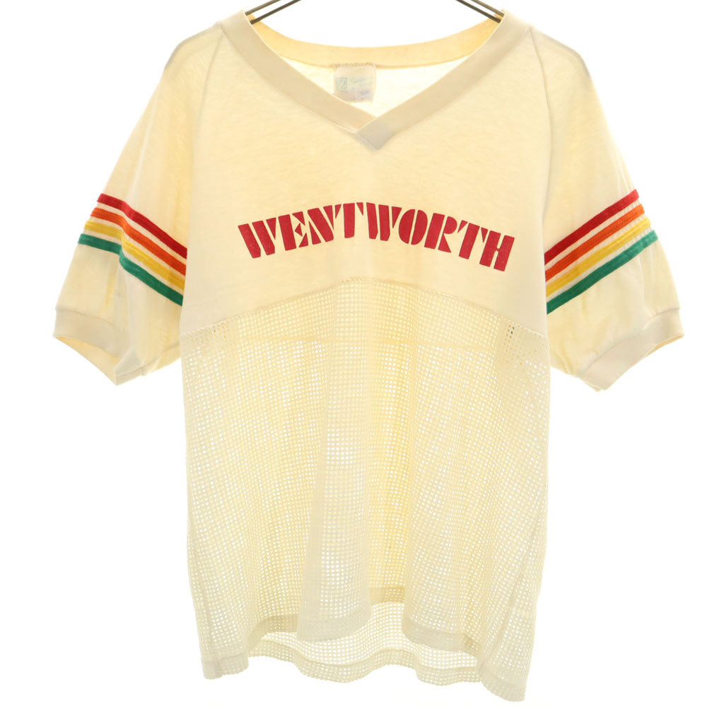 FSSC SPORTS WEAR 80s 90s USA製 オールド メッシュ切り替 半袖 Vネック Tシャツ S アイボリー FSSC SPORTS WEAR レディース