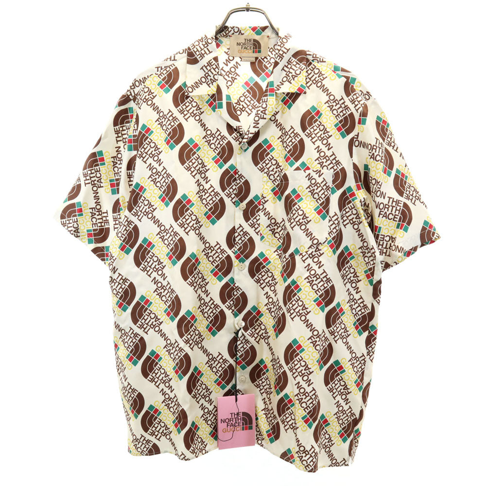 未使用 GUCCI グッチ イタリア製 ノースフェイス コラボ シルク 総ロゴ 半袖 シャツ 46 アイボリー系 x THE NORTH FACE 箱付き メンズ