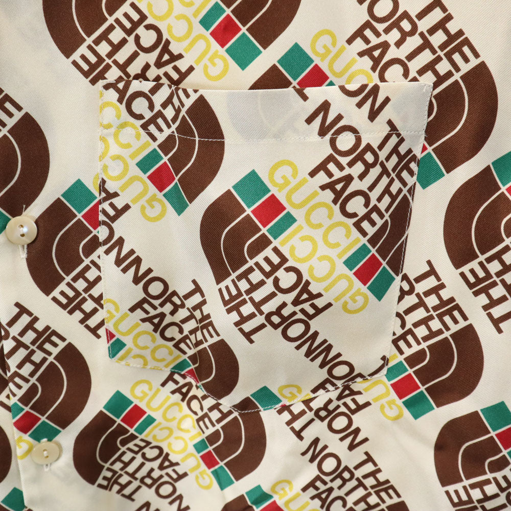 未使用 GUCCI グッチ イタリア製 ノースフェイス コラボ シルク 総ロゴ 半袖 シャツ 46 アイボリー系 x THE NORTH FACE 箱付き メンズ