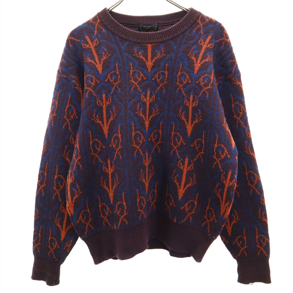 イヴサンローラン 80s 90s オールド 総柄 長袖 セーター L 赤茶系 YVES SAINT LAURENT ニット エルボーパッチ メンズ