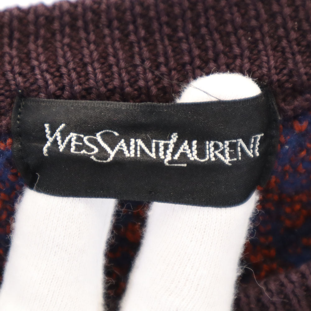 イヴサンローラン 80s 90s オールド 総柄 長袖 セーター L 赤茶系 YVES SAINT LAURENT ニット エルボーパッチ メンズ