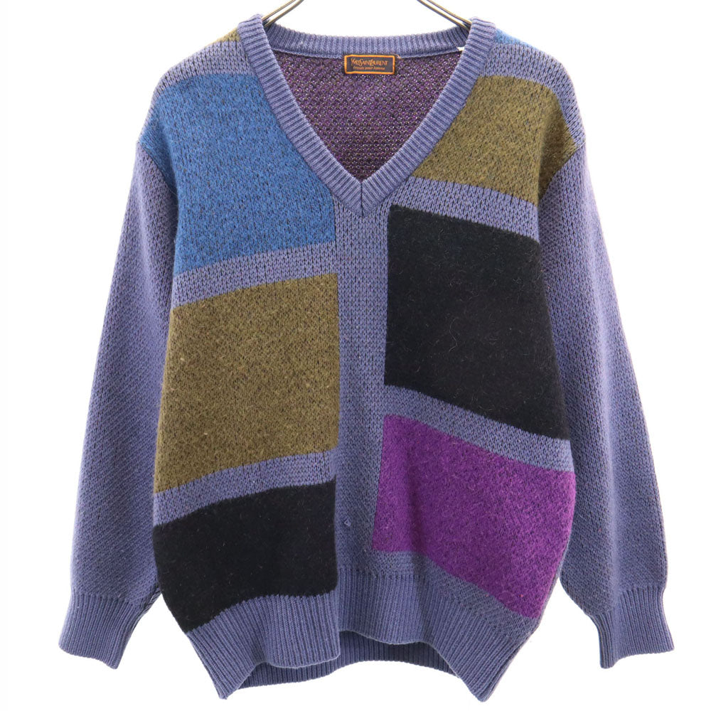 YVES SAINT LAURENT イヴサンローラン 80s 90s ウールブレンド オールド 長袖 Vネック セーター M ネイビー tricots pour homme ニット 厚手 メンズ