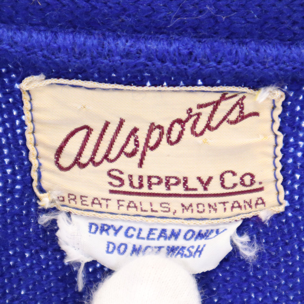 ALL SPORTS オールスポーツ 70s ヴィンテージ レタード 長袖 Vネック ニットカーディガン 群青色 メンズ