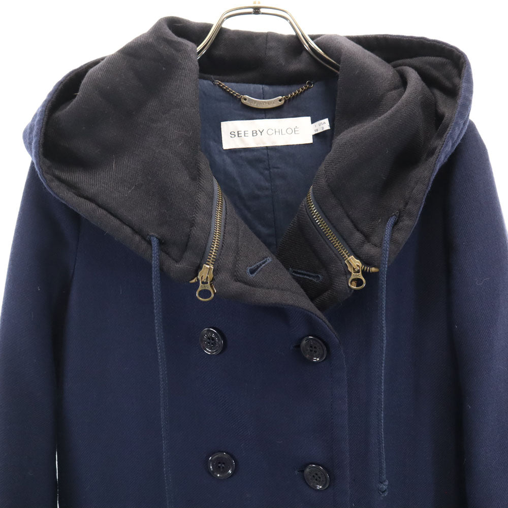 SEE BY CHLOE シーバイクロエ ウールブレンド フーデッド ピーコート 38 ネイビー レディース