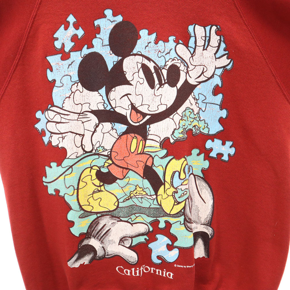 JERZEES ジャージーズ 90s USA製 オールド パズル ミッキーマウス 長袖 スウェット トレーナー L レッド Disney ディズニー クラック加工 メンズ