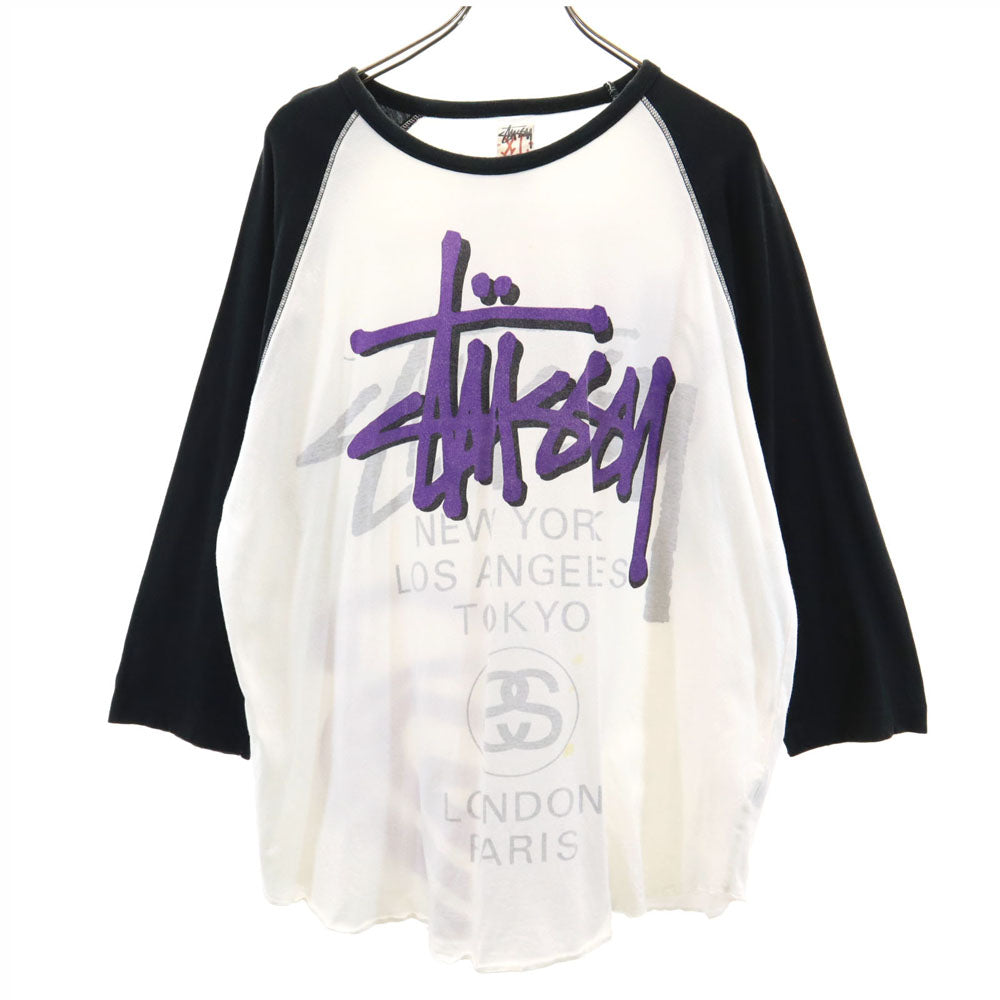 ステューシー 7分袖 ラグラン Tシャツ XL 白×黒 STUSSY ATHLETIC ロンT メンズ