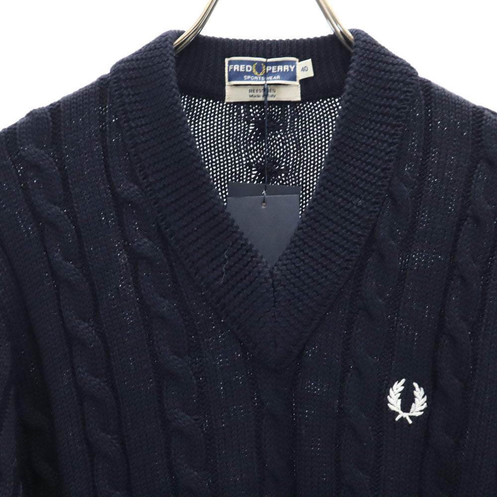 未使用 フレッドペリー イタリア製 長袖 Vネック セーター 40 ネイビー FRED PERRY ニット ケーブル編み REISSUES メンズ