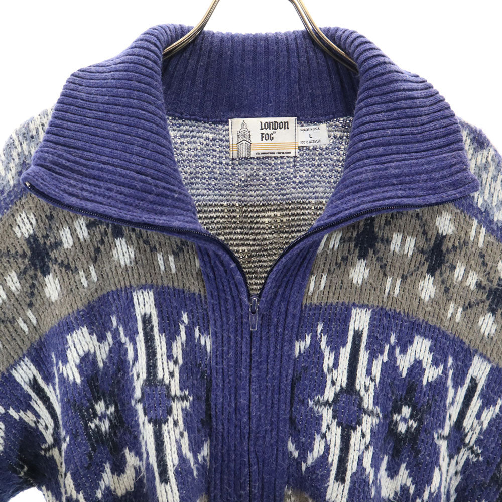 LONDON FOG ロンドンフォグ 70s 80s USA製 ノルディック柄 ハイネック ニットジャケット L ネイビー 他 オールド ヴィンテージ メンズ