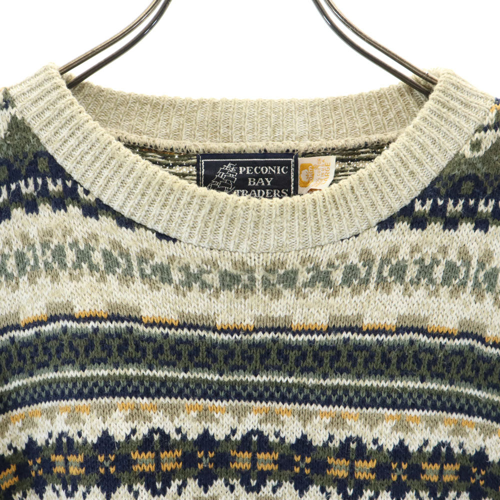 PECONIC BAY TRADERS 80s USA製 ヴィンテージ 総柄 長袖 コットンニット セーター L グリーン系 メンズ