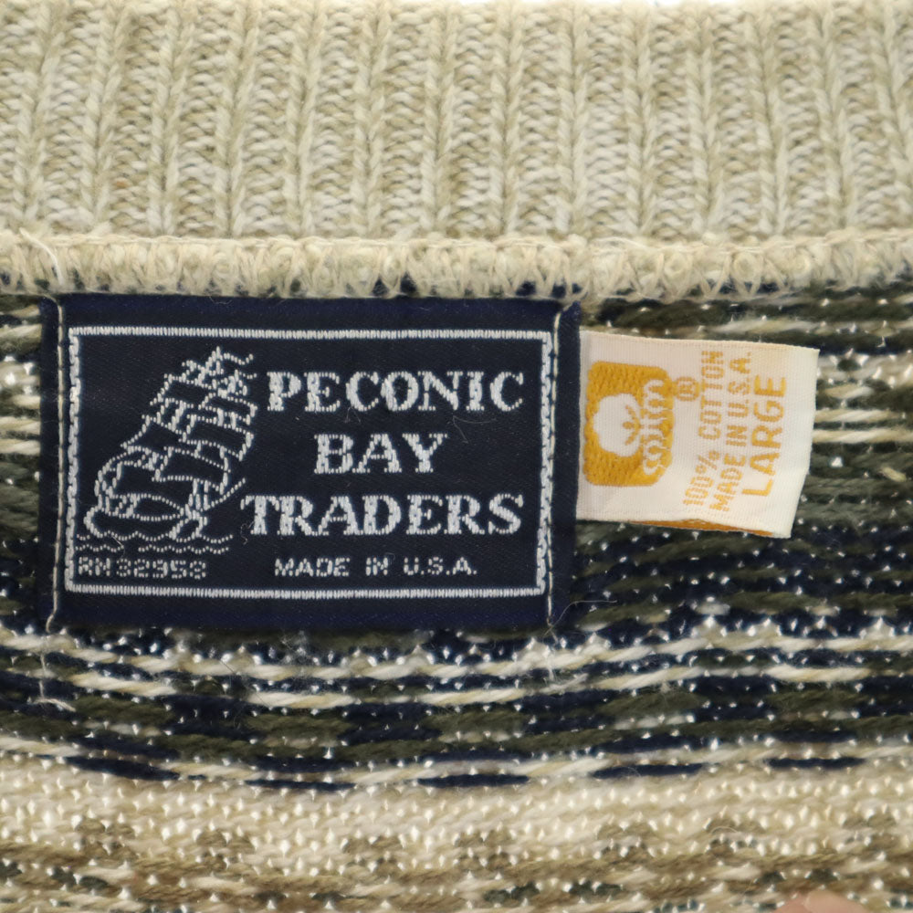 PECONIC BAY TRADERS 80s USA製 ヴィンテージ 総柄 長袖 コットンニット セーター L グリーン系 メンズ