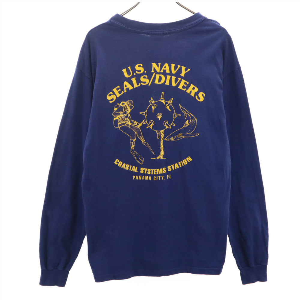 ヘインズ 90s USA製 オールド バックプリント 長袖 シングルステッチ Tシャツ L ブルー系 Hanes ロンT メンズ