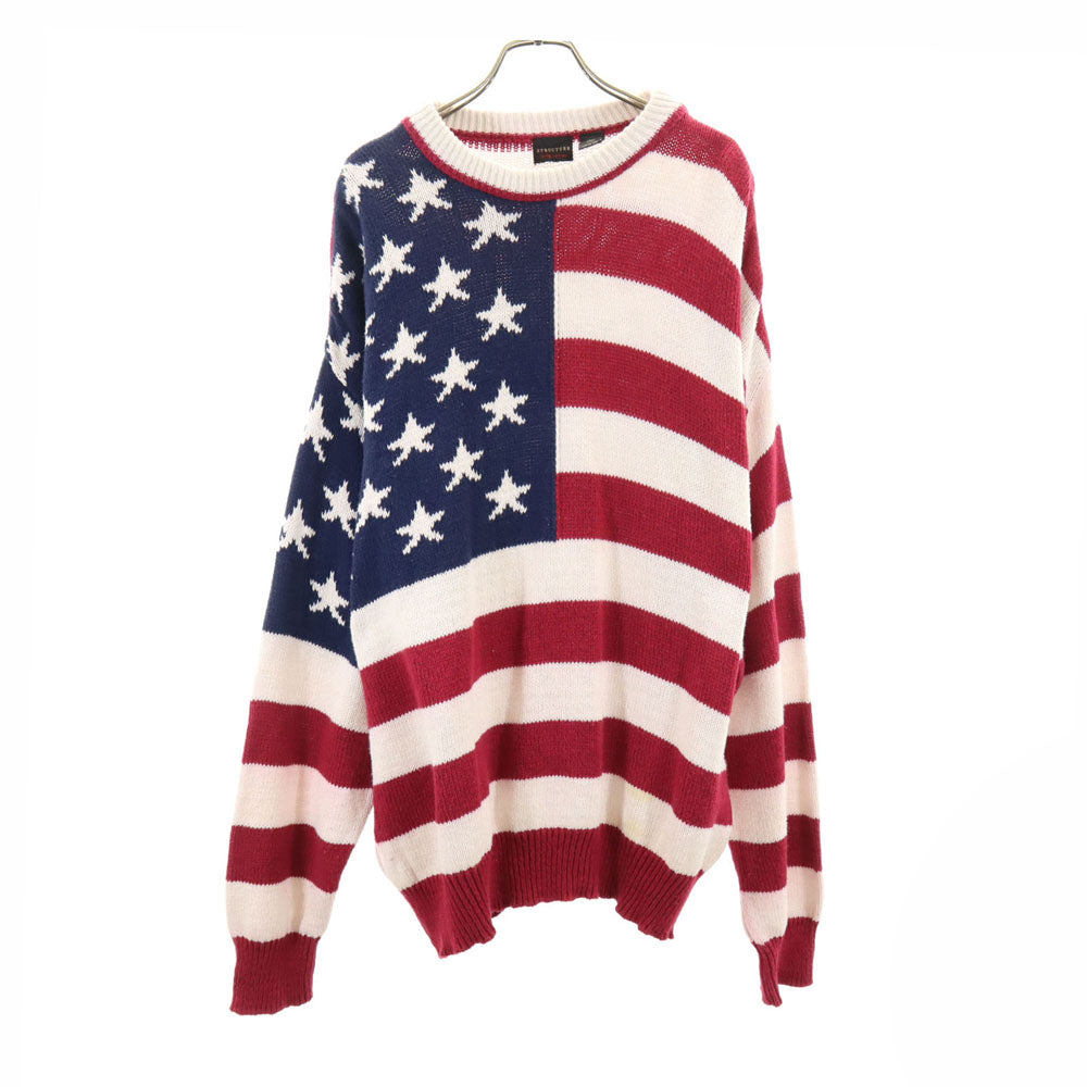STRUCTURE ストラクチャー 90s USA製 オールド 星条旗柄 長袖 コットンニット セーター M ホワイト 他 メンズ