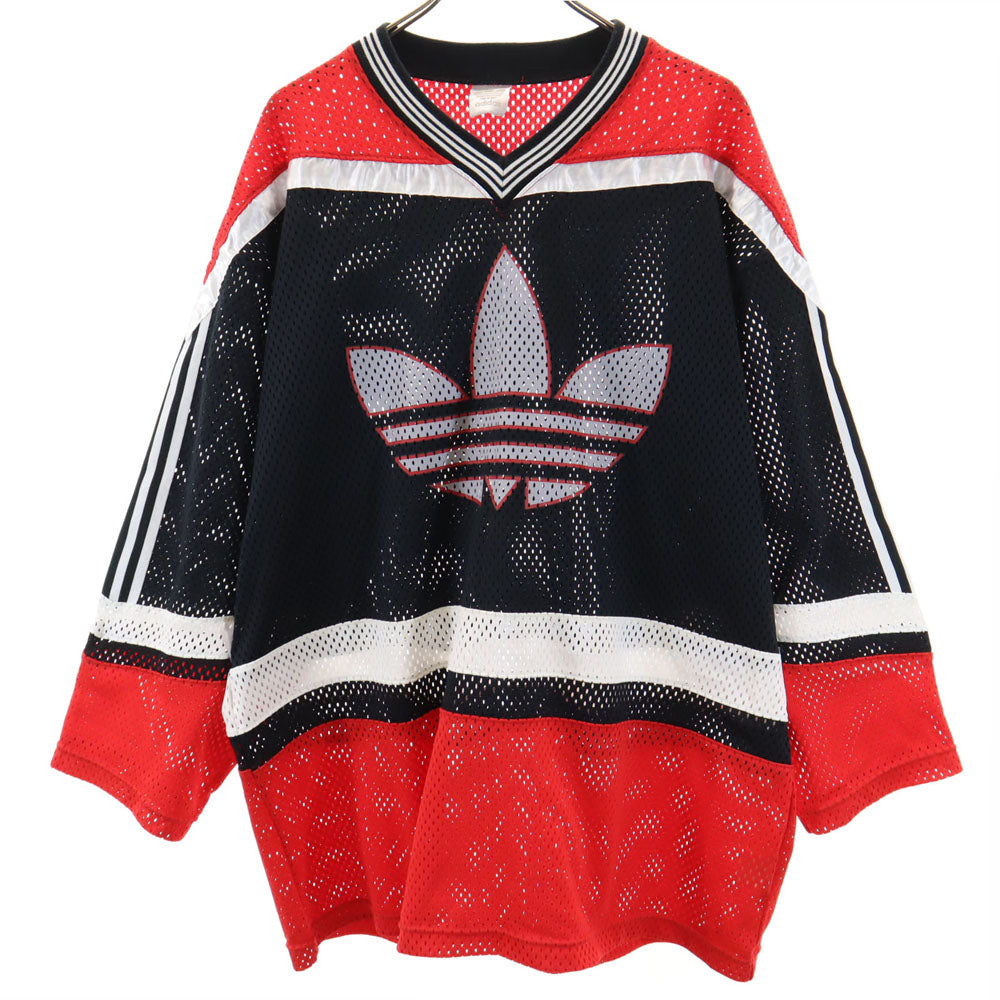 アディダス 80s 日本製 デサント社 ヴィンテージ トレフォイルロゴ 長袖 メッシュ ピステ L-O ブラック 他 adidas メンズ