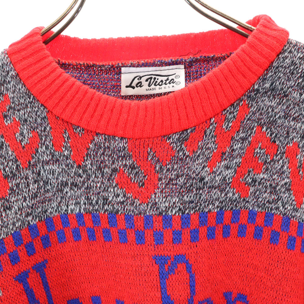 La Vista 80s 90s アクリル オールド USA製 総柄 長袖 セーター 赤系 ニット メンズ
