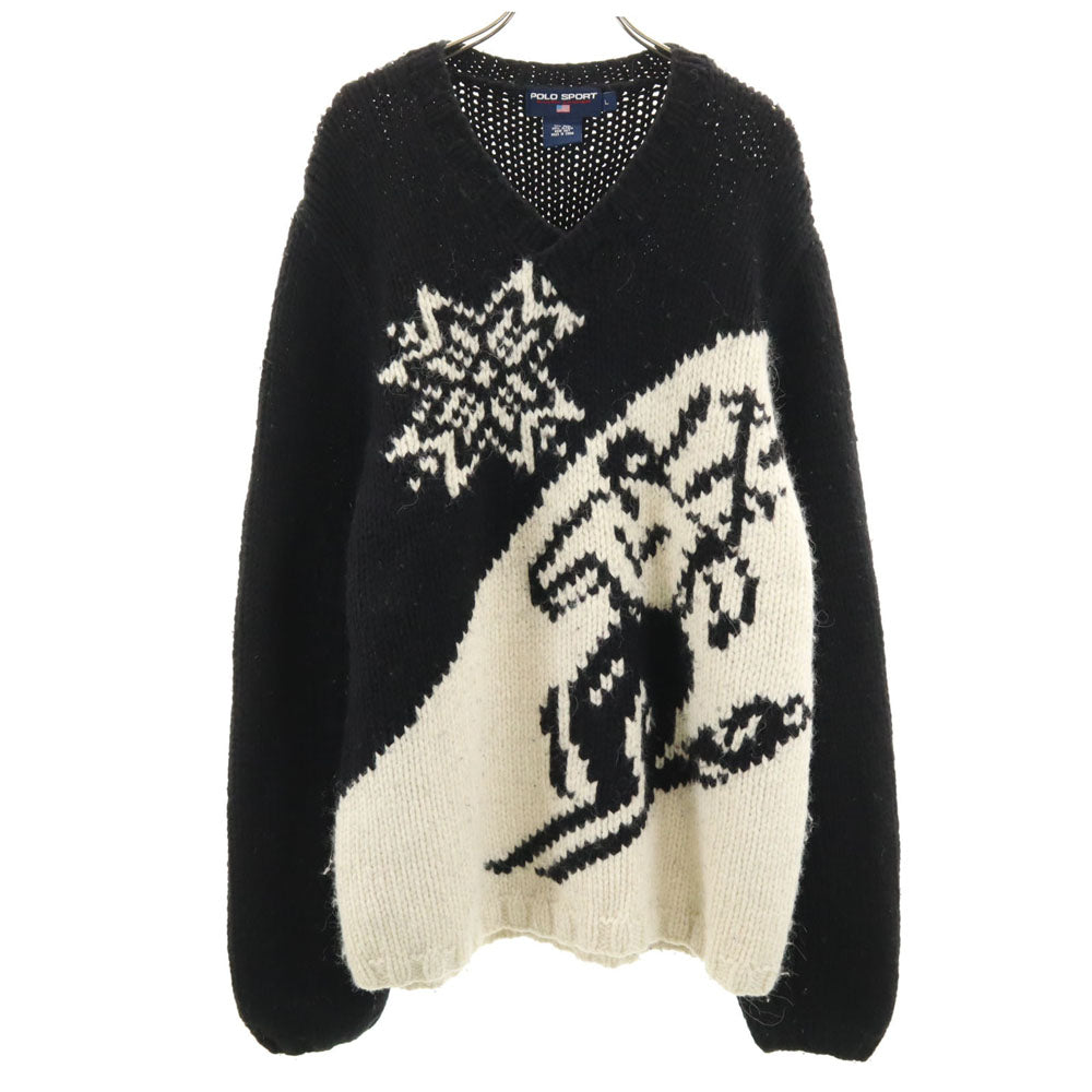 POLO SPORT RALPH LAUREN ポロスポーツラルフローレン ウールブレンド ハンドニット 長袖 Vネック セーター L ブラック ハンドニット メンズ