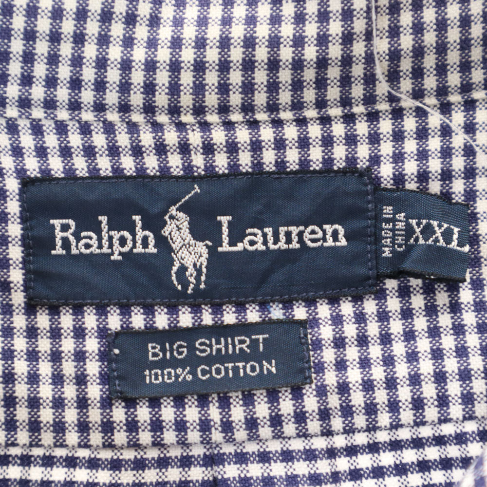 ラルフローレン 90s BIG SHIRT オールド チェック柄 長袖 スタンドカラー シャツ XXL ネイビー RALPH LAUREN ビックサイズ メンズ