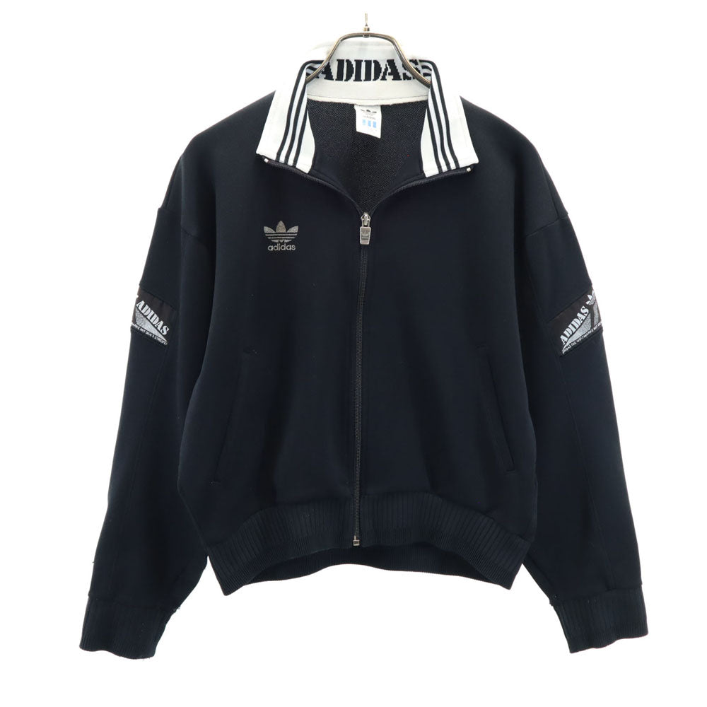 adidas アディダス 80s デサント製 オールド トレフォイルロゴ 長袖 ジップジャケット M ブラック ジャージ レディース