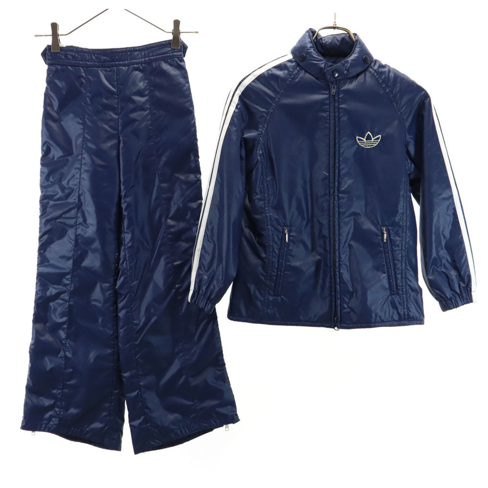 adidas アディダス 70s デサント製 ヴィンテージ トレフォイルロゴ刺繍 ナイロンジャケット 上下 セットアップ 11-12 ブルー系 薄中綿入り キッズ