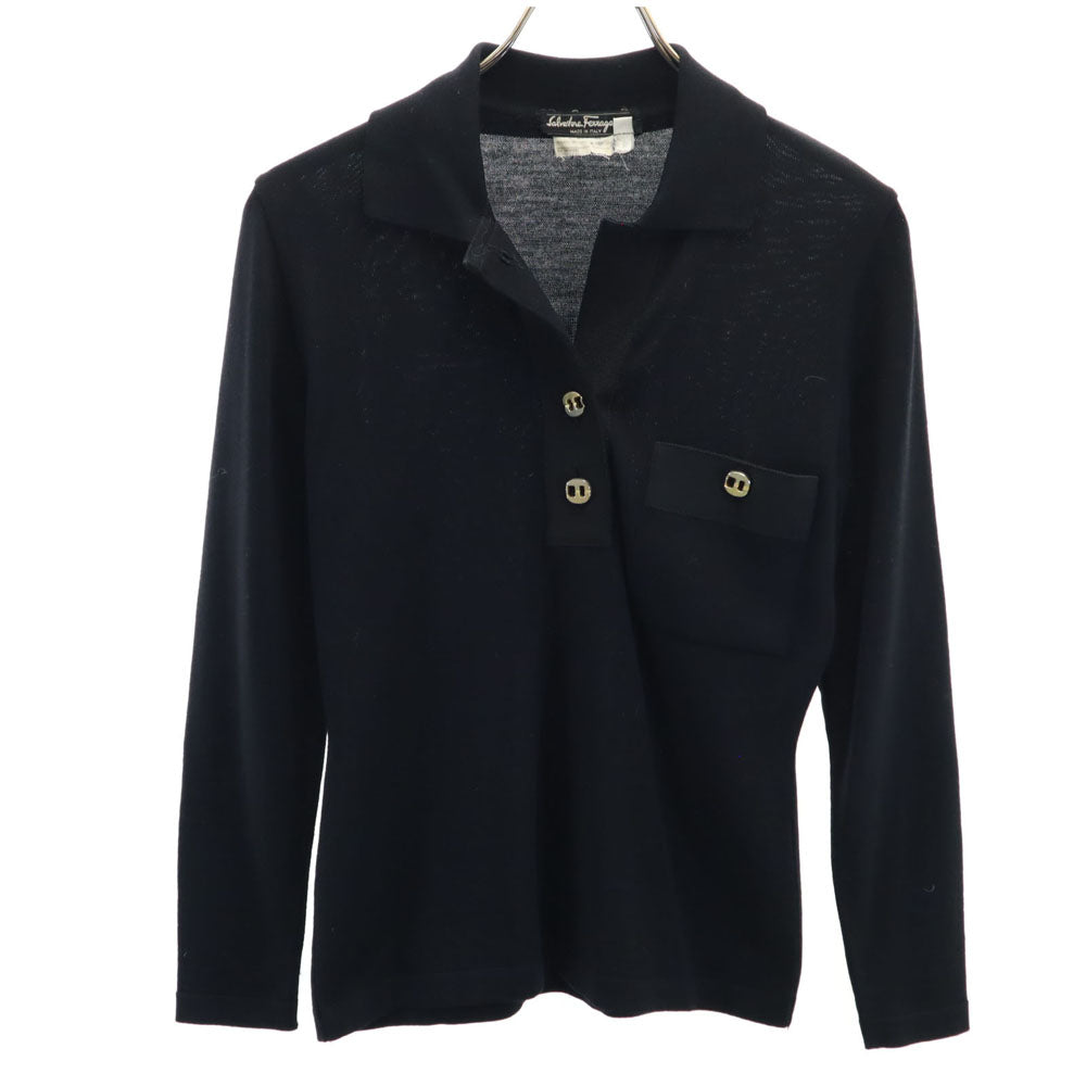 Salvatore Ferragamo サルヴァトーレフェラガモ 90s イタリア製 ウール100% オールド 長袖 ポロシャツ XS ブラック レディース