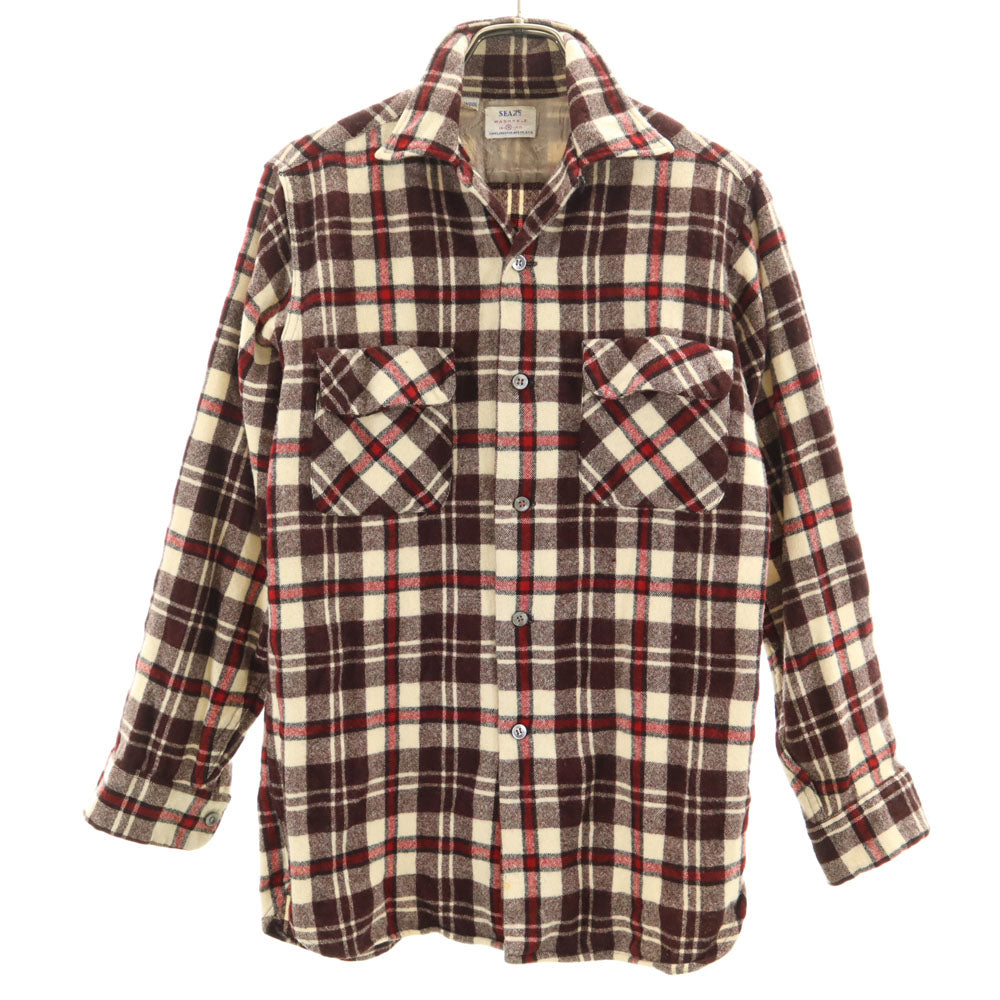 Sears シアーズ 60s ヴィンテージ チェック 長袖 オープンカラー ウールシャツ S ブラウン系 開襟 メンズ