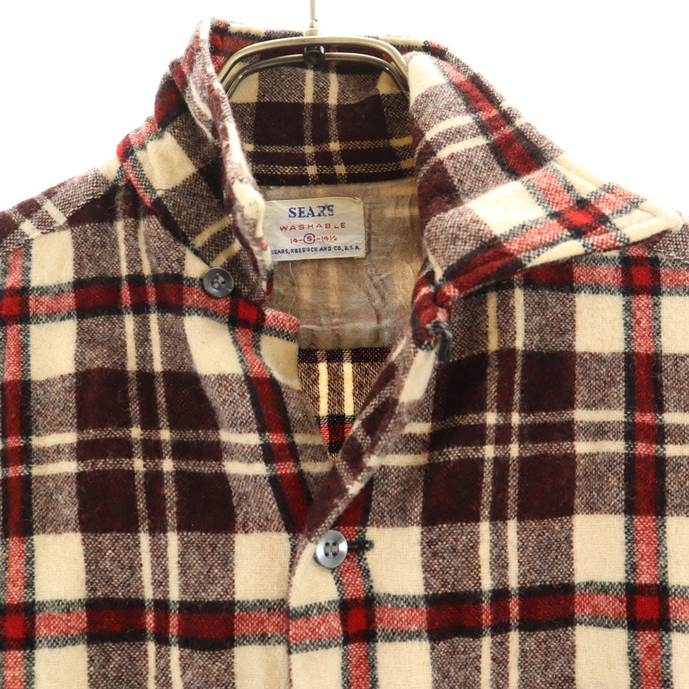 Sears シアーズ 60s ヴィンテージ チェック 長袖 オープンカラー ウールシャツ S ブラウン系 開襟 メンズ