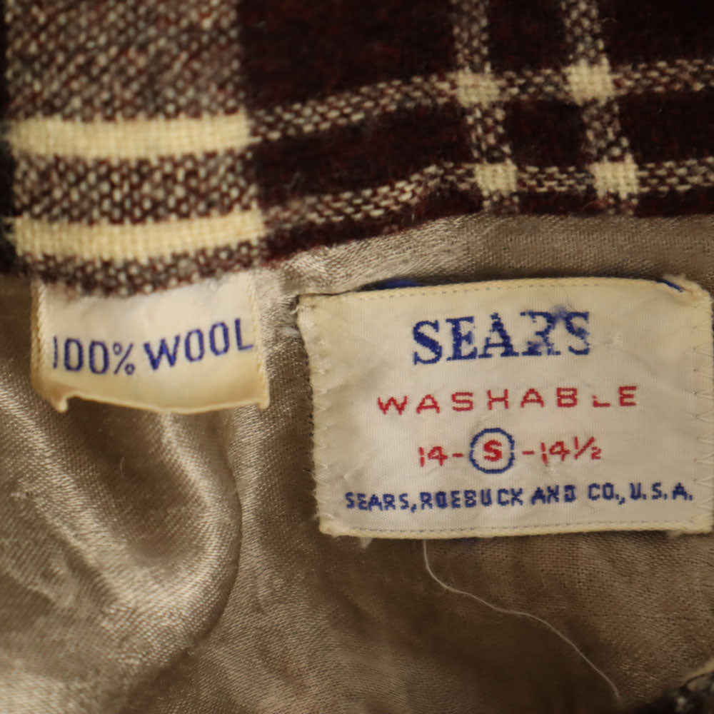 Sears シアーズ 60s ヴィンテージ チェック 長袖 オープンカラー ウールシャツ S ブラウン系 開襟 メンズ