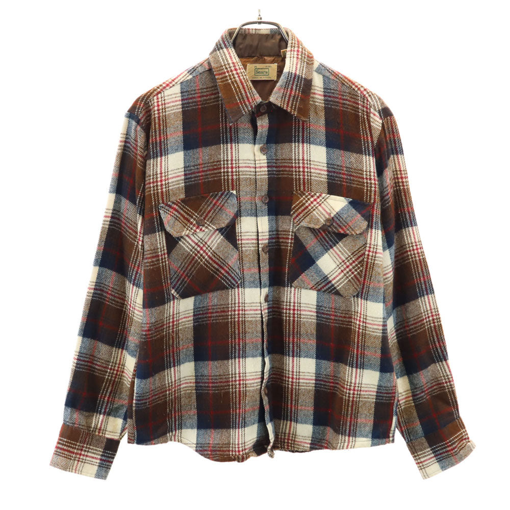 Sears シアーズ 70s 80s 韓国製 アクリル ヴィンテージ チェック柄 長袖 フランネル シャツ M ブラウン メンズ