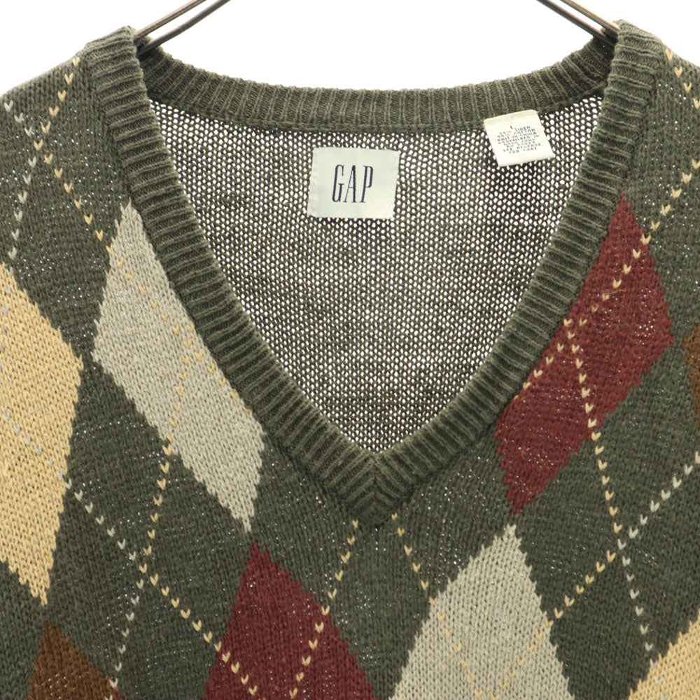 GAP ギャップ 90s リネンブレンド 白タグ オールド アーガイル 長袖 コットンニット セーター L グリーン系 メンズ