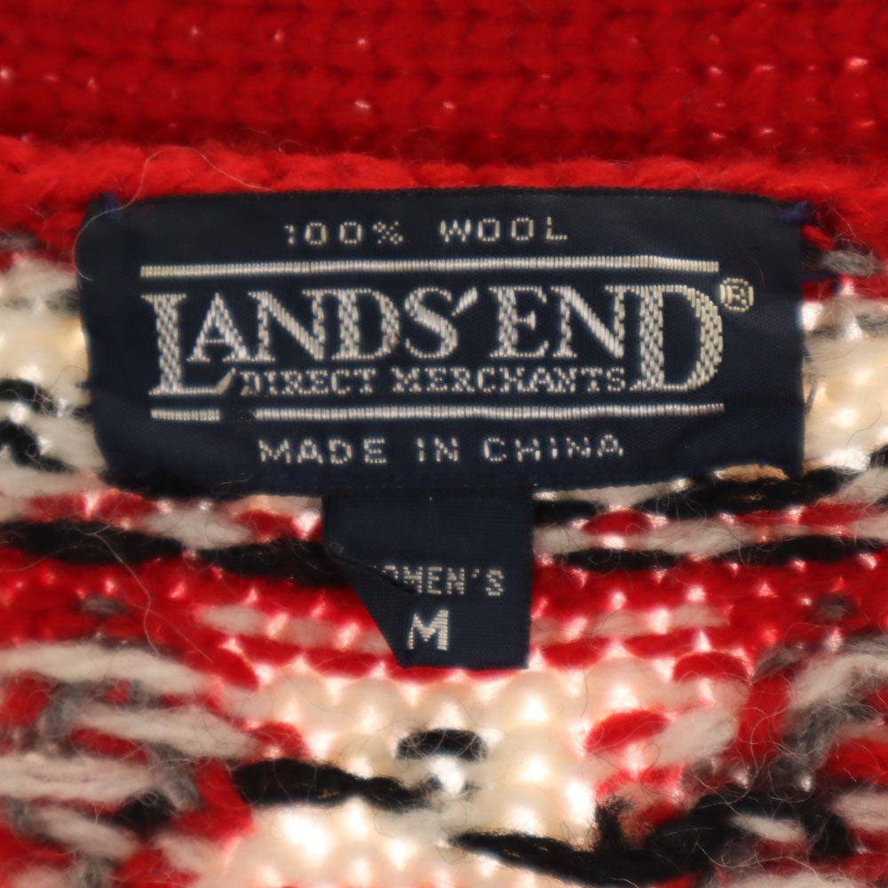 ランズエンド 90s オールド チェック柄 長袖 Vネック ニットカーディガン M レッド LANDS' END レディース