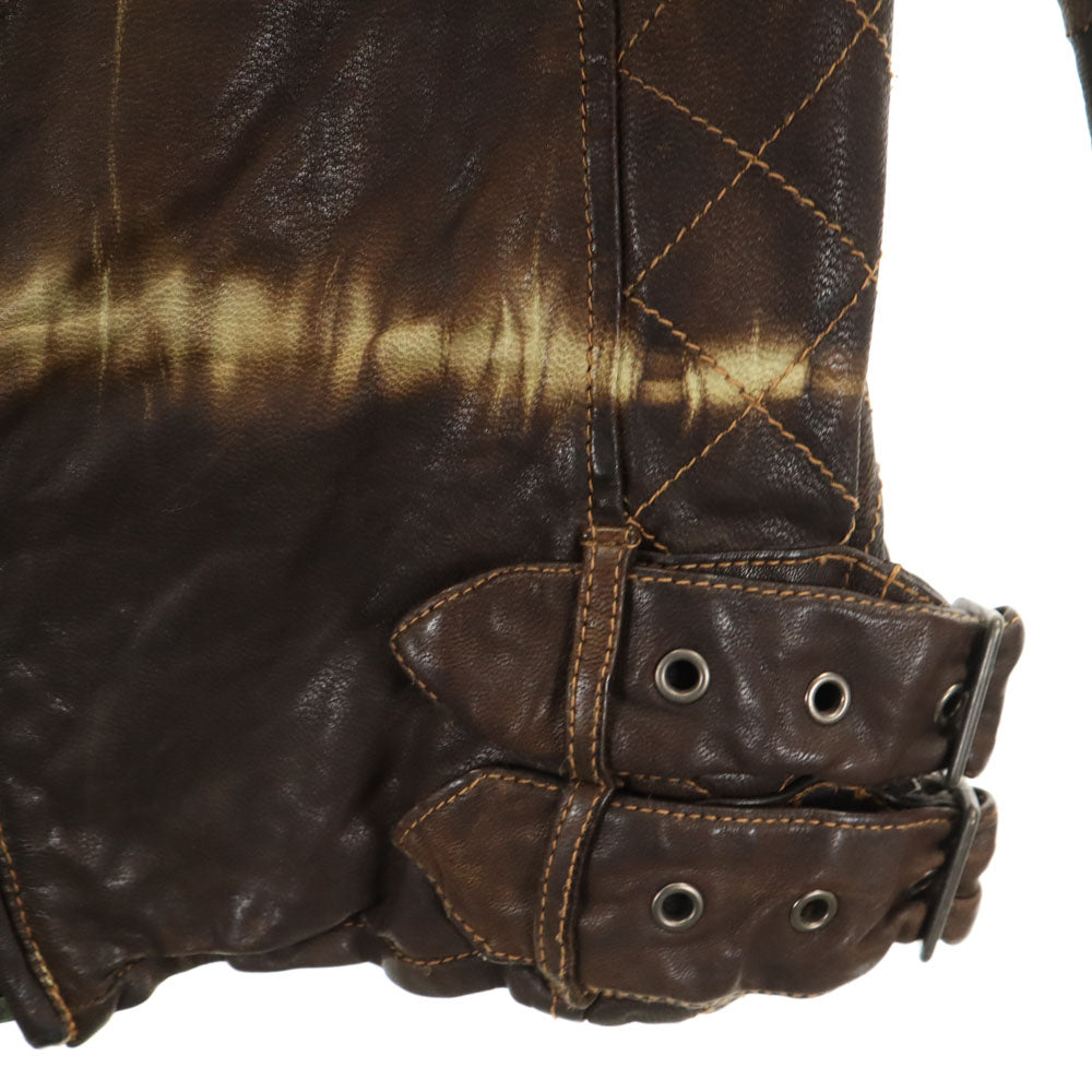 ノーカラー レザージャケット ブラウン レディース