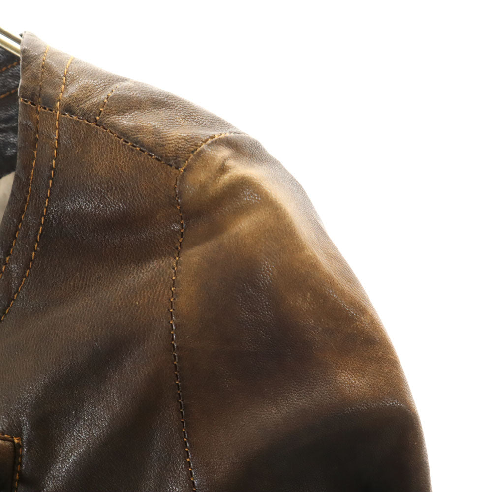 ノーカラー レザージャケット ブラウン レディース