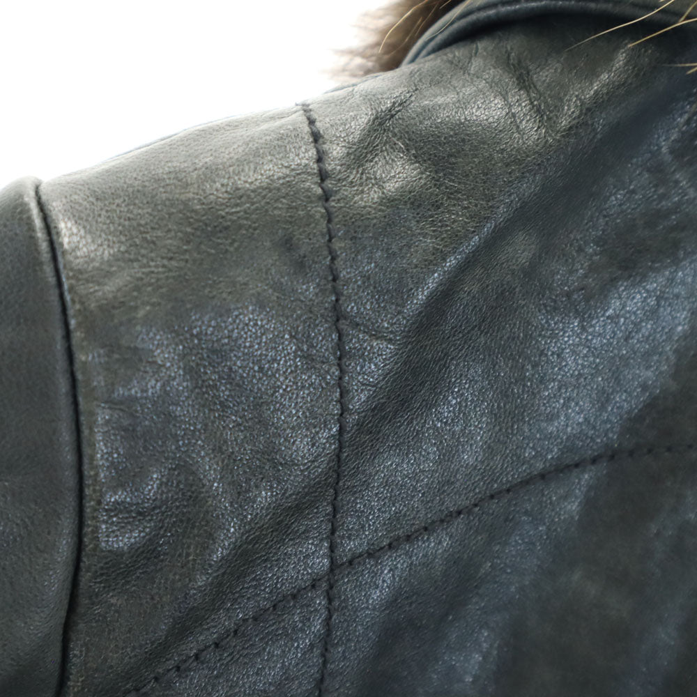 pas de calais パドカレ レザージャケット 38 深緑系 ラクーンファー付き レディース