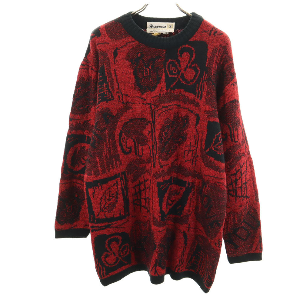 ハピネス 80s オールド イタリア製 ウールブレンド 総柄 長袖 セーター M レッド×ブラック ニット レディース