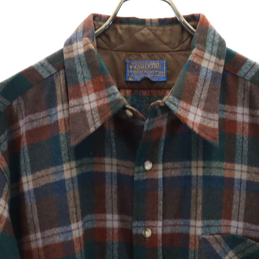 PENDLETON ペンドルトン 70s ヴィンテージ USA製 ウールブレンド チェック柄 長袖 衿芯 ウールシャツ XL ブラウン×グリーン メンズ
