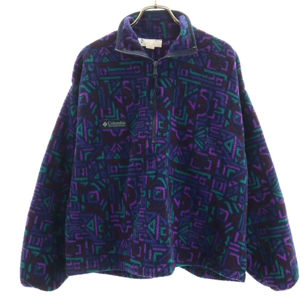 Columbia コロンビア 90s アウトドア オールド 総柄 ハーフジップ フリース ジャケット M ネイビー プルオーバー レディース