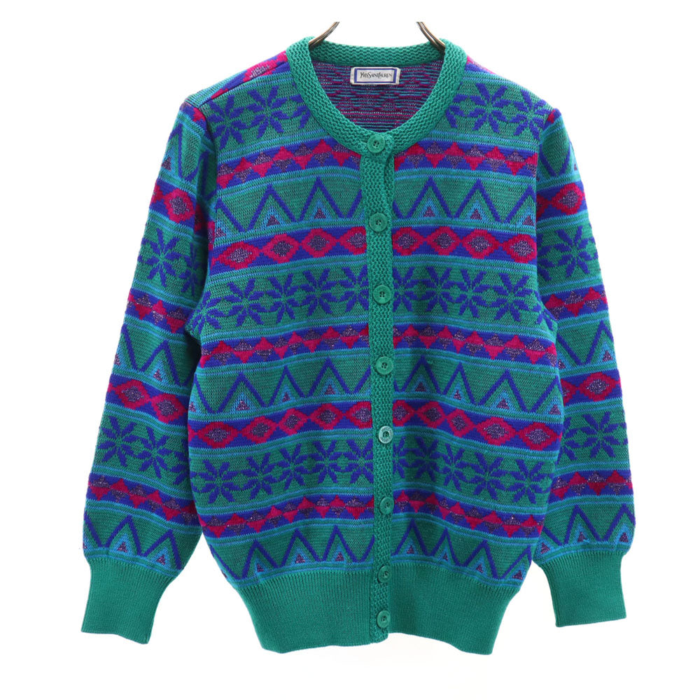 YVES SAINT LAURENT イヴサンローラン 90s オールド ノルディック柄 長袖 ニットカーディガン M グリーン系 レディース