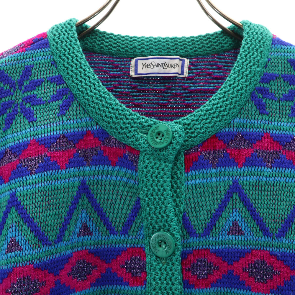 YVES SAINT LAURENT イヴサンローラン 90s オールド ノルディック柄 長袖 ニットカーディガン M グリーン系 レディース