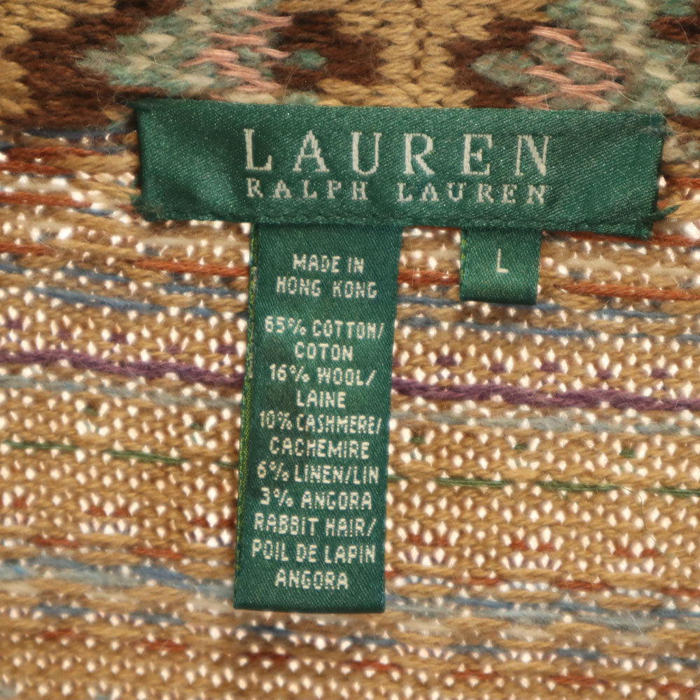 ローレンラルフローレン フェアアイル柄 長袖 ショールカラー ニットカーディガン L ブラウン LAUREN RALPH LAUREN レディース