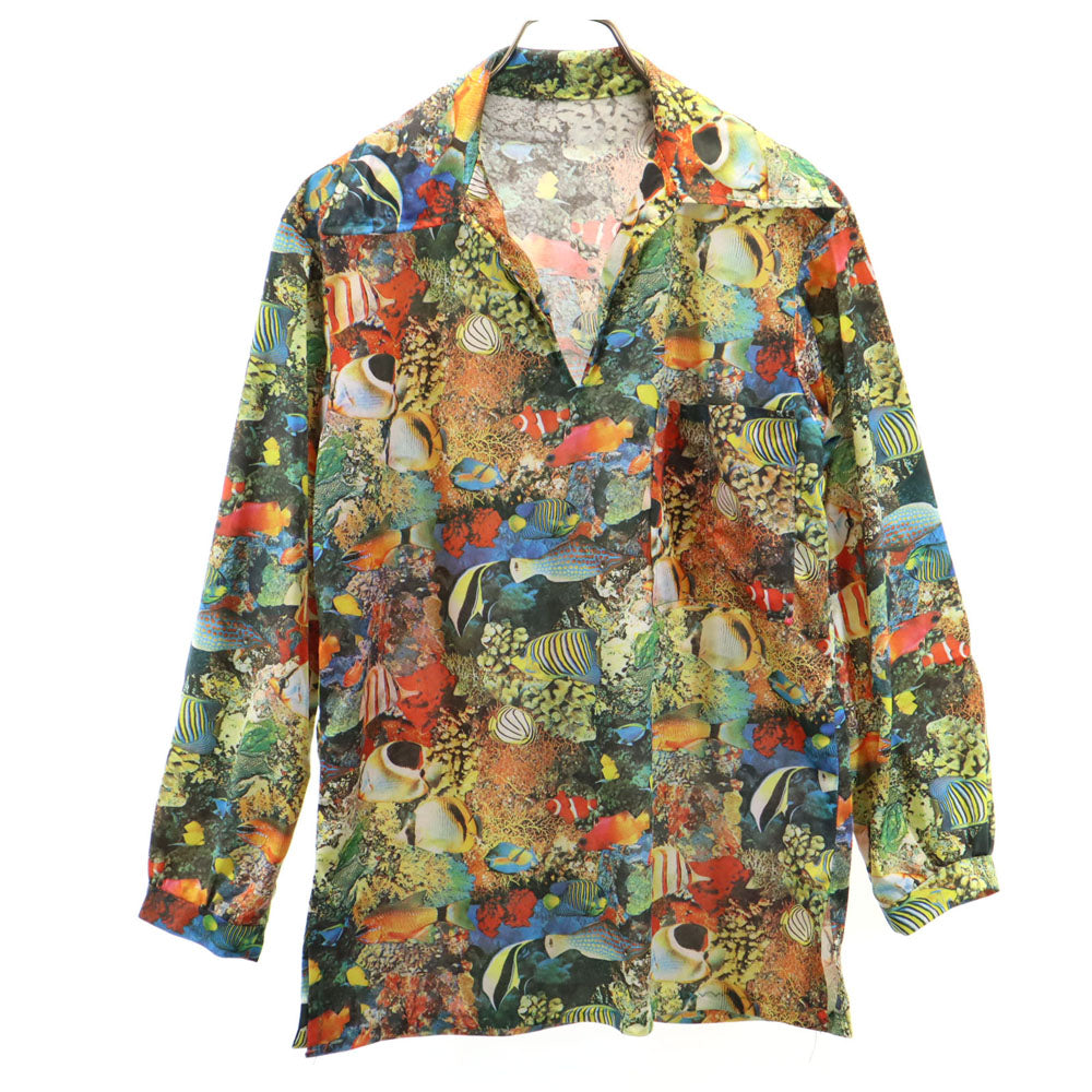 VINTAGE ヴィンテージ 70s 転写 フィッシュ柄 長袖 スキッパーカラー シャツ メンズ