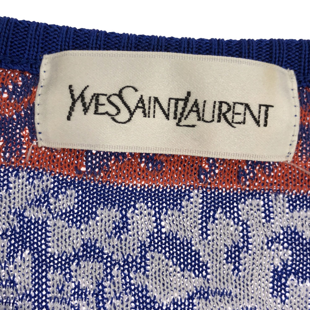 イヴサンローラン 90s オールド 総柄 半袖 ニット ミニワンピース M ブルー系 YVES SAINT LAURENT 肩パッド入り レディース