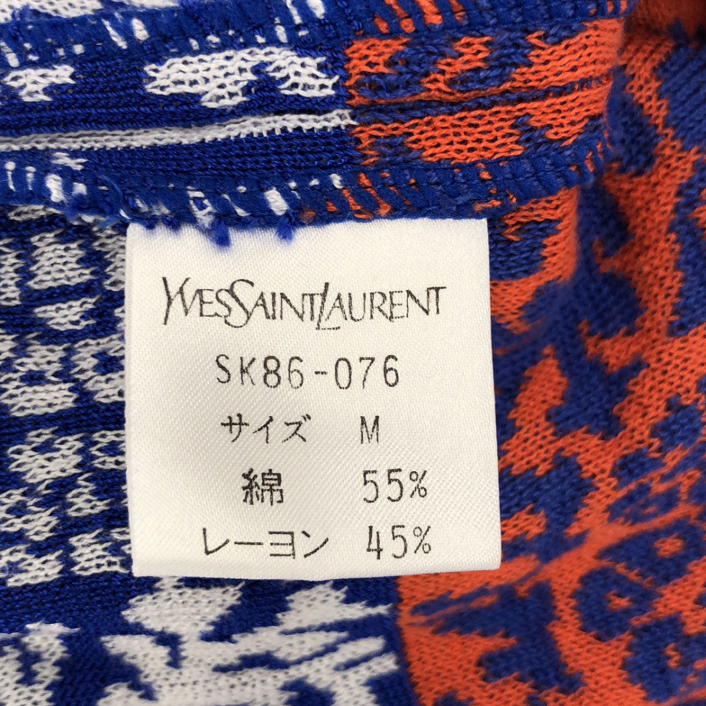 イヴサンローラン 90s オールド 総柄 半袖 ニット ミニワンピース M ブルー系 YVES SAINT LAURENT 肩パッド入り レディース