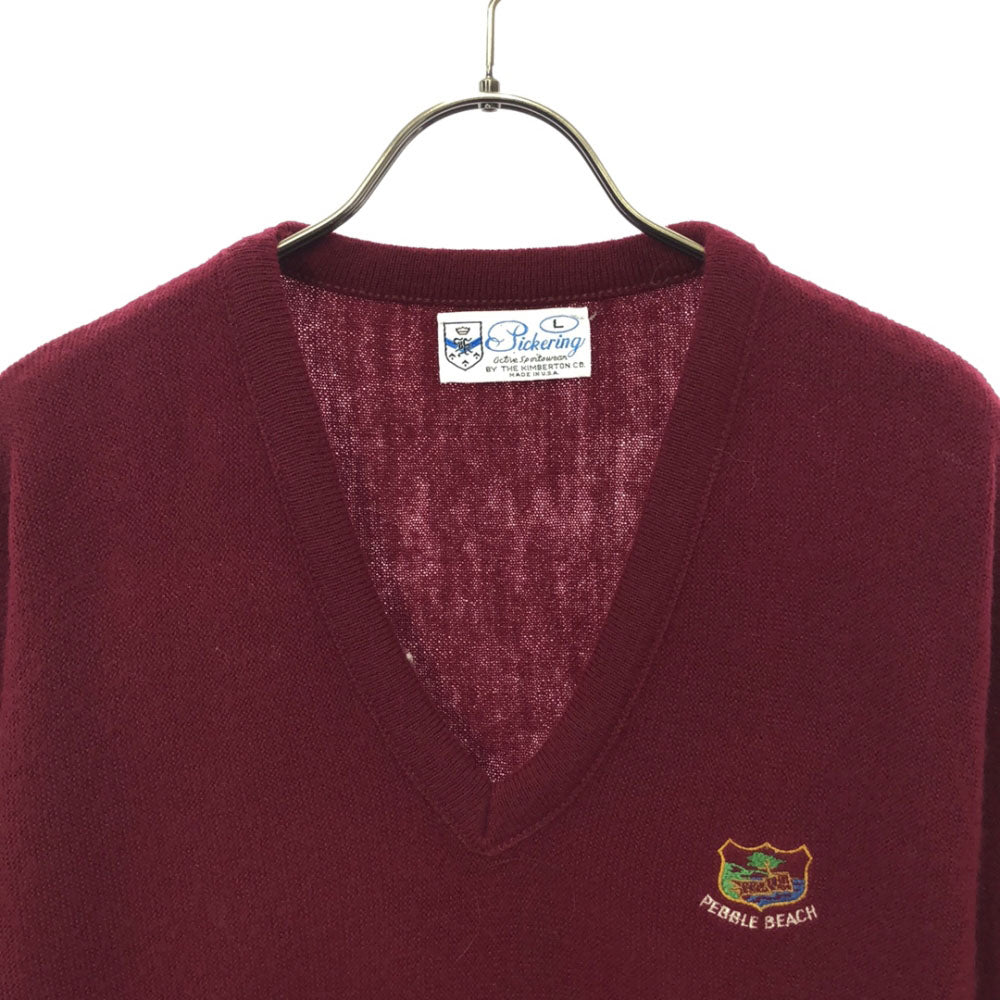 Pickering ピカリング 70s 80s USA製 ヴィンテージ 刺繍 長袖 Vネック セーター L レッド系 ニット メンズ